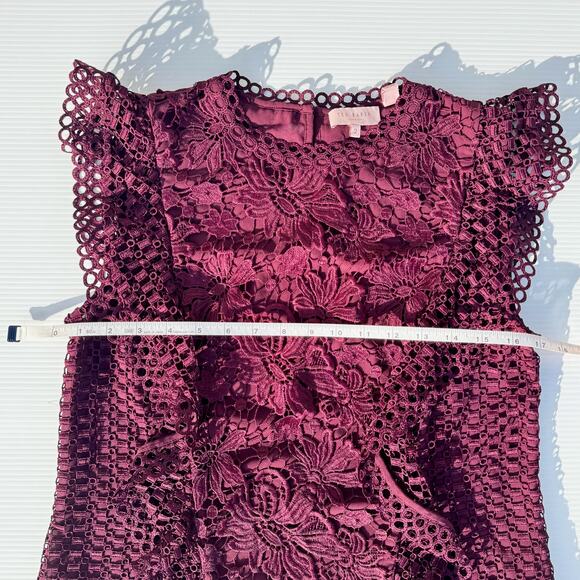Ted Baker Zania Ruffle Mixed Lace Blouse Maroon Women’s 2 US6 Romantic Coquette - Picture 8 of 16